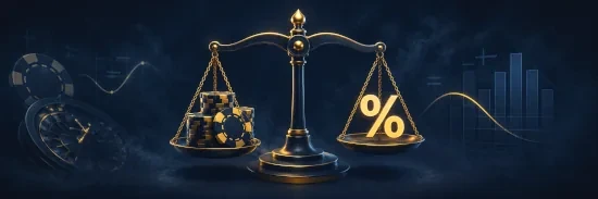 Balanced scale with casino chips and percentage symbol explaining house edge
