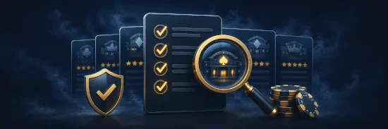 Magnifier, shield, and checklist symbols for choosing an online casino